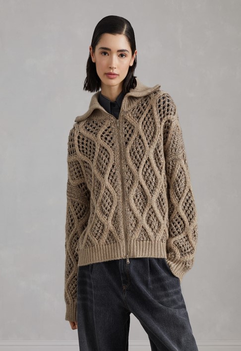 Brunello Cucinelli Cashmere feather yarn dazzling net & cable cardigan