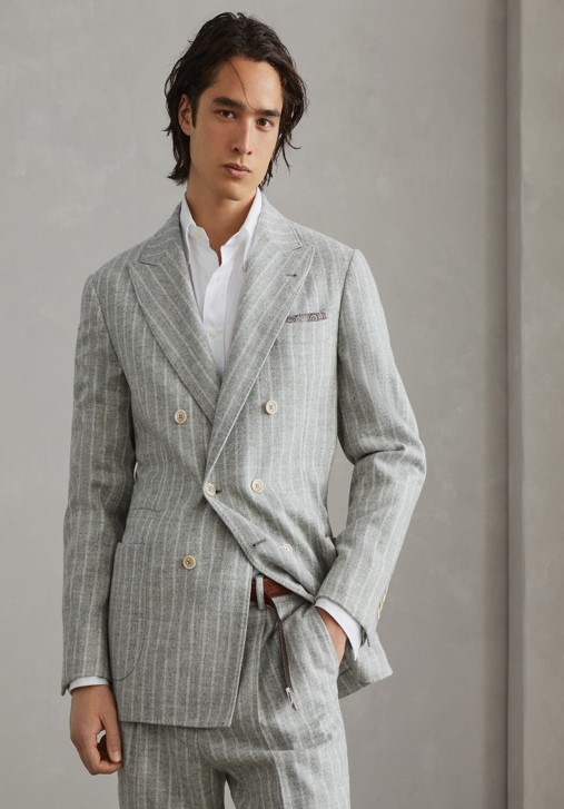 Brunello Cucinelli Comfort alpaca and wool chalk stripe one-and-a-half breasted deconstructed blazer with patch pockets