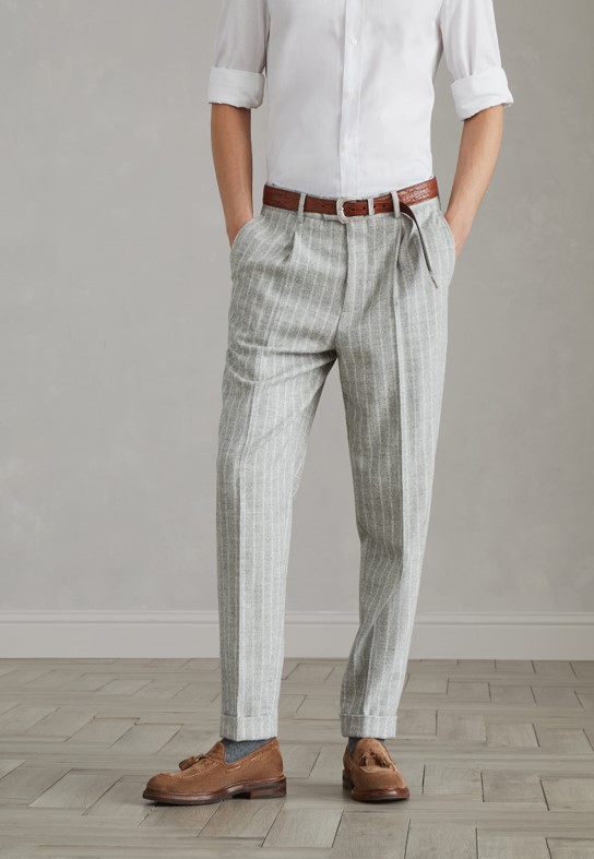 Brunello Cucinelli Comfort alpaca and wool chalk stripe leisure fit trousers with pleat